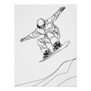 Póster ilustración de arte lineal de un snowboarder