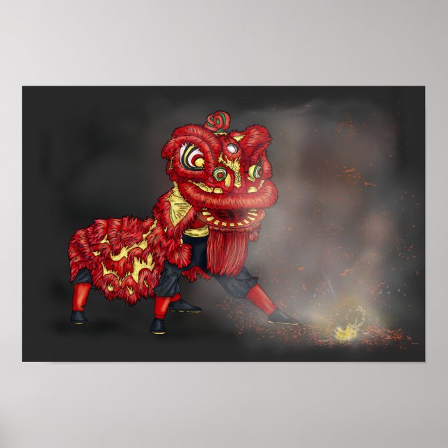 Póster Ilustración de bailarines de león chinos con petar (Frente)