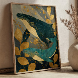 Póster Ilustración de ballena azul marino y dorado Kintsu