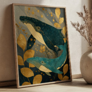Póster Ilustración de ballena azul marino y dorado Kintsu