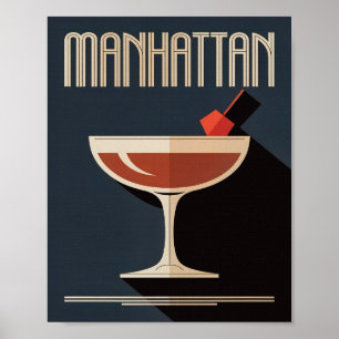 Póster Ilustración de bebida Manhattan vintage en azul ma