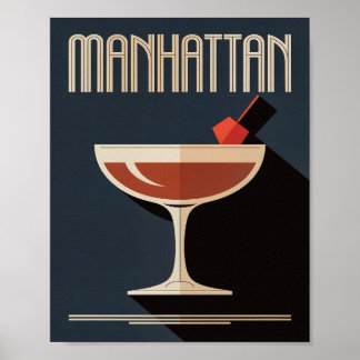 Póster Ilustración de bebida Manhattan vintage en azul ma
