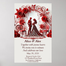 Póster Ilustración de boda roja elegante con diseño flora