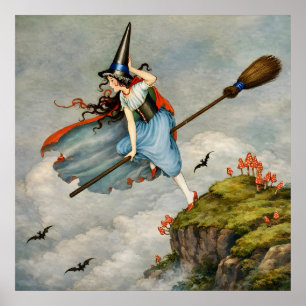 Póster Ilustración de Bruja Vintage Volando Cottagecore