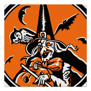 Póster Ilustracion de brujas y búhos de Halloween