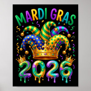 Póster Ilustración de bufón de Feliz Mardi Gras 2026