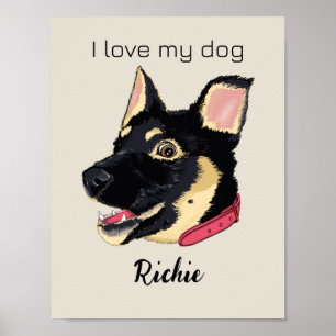 Póster Ilustración de cachorro GSD Monograma Regalo para 