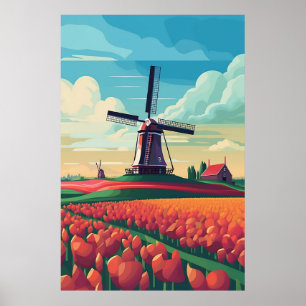 Póster Ilustración de campo de tulipanes con molino de vi
