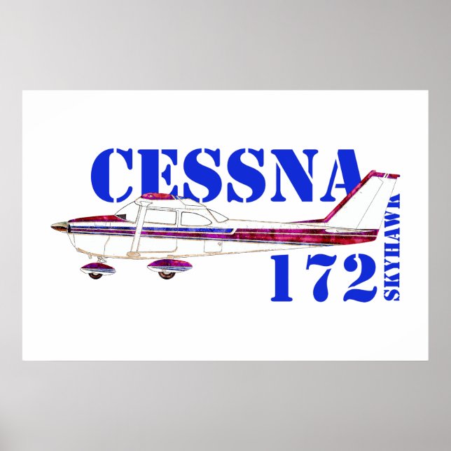 Póster Ilustración de Cessna 172 Skyhawk con texto en neg (Frente)