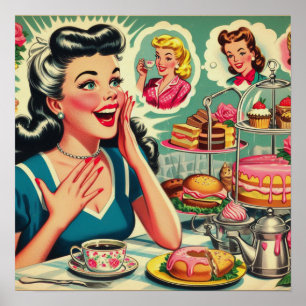 Póster Ilustracion de Chica retro de comida ligera