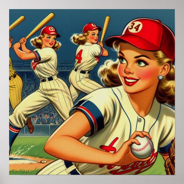 Póster Ilustracion de Chicas de Béisbol de época (Frente)