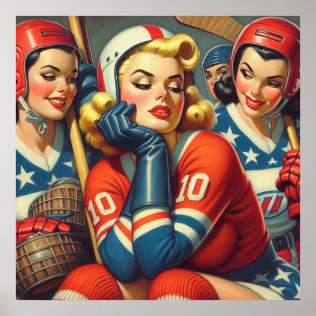 Póster Ilustracion de Chicas de hockey de época (Frente)