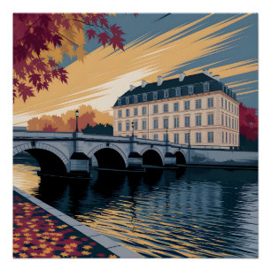 Póster Ilustración de ciudad europea junto al río en otoñ