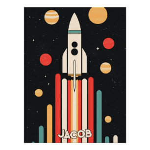 Póster Ilustracion de cohete espacial retro