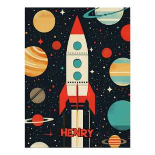 Póster Ilustracion de cohete espacial retro