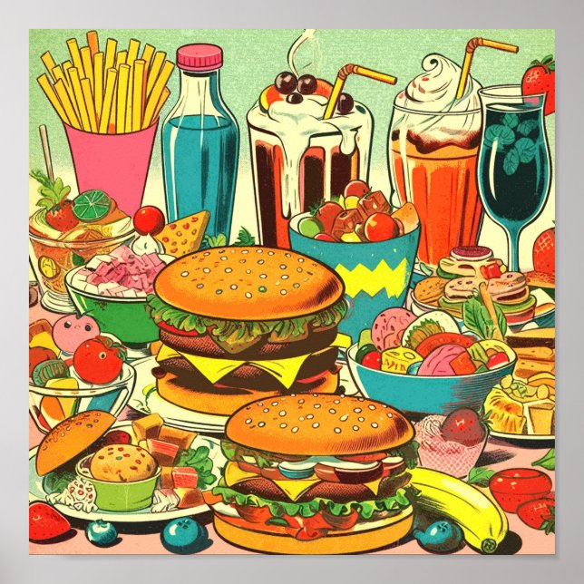 Póster Ilustracion de cómics de comida retro (Frente)