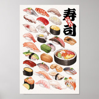 Póster Ilustracion de comida japonesa de sushi