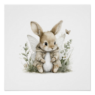 Póster Ilustración de conejito hada en acuarela dulce