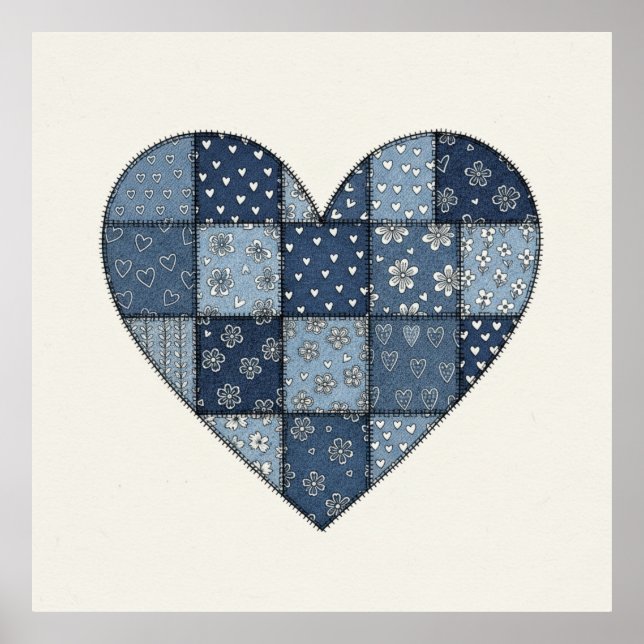 Póster Ilustración de corazón de patchwork de mezclilla a (Frente)