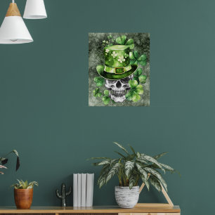 Póster Ilustración de cráneo vívido con sombrero verde