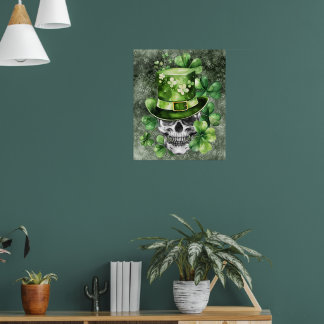 Póster Ilustración de cráneo vívido con sombrero verde