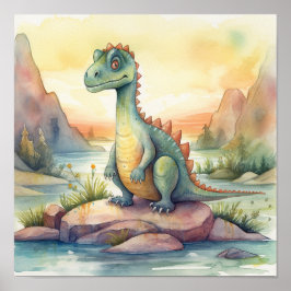 Póster Ilustración de cuento de hadas en acuarela de dino
