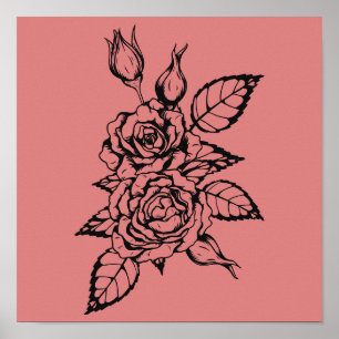 Póster Ilustración de diseño de tatuaje de rosa en blackw