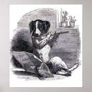 Póster ilustracion de época "Perro jugando a la flauta"