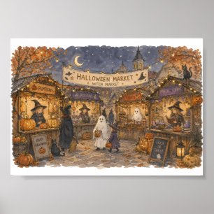 Póster Ilustración de escena de mercado de brujas de Hall