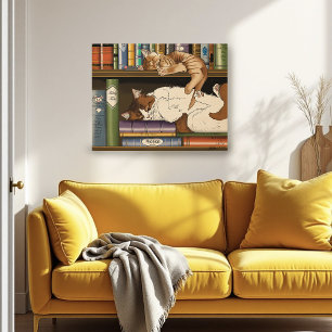 Póster Ilustración de estantería de libros de gatos durmi