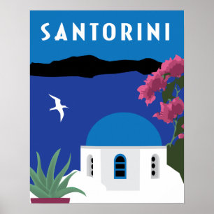 Póster Ilustración de estilo de viaje vintage de Santorin
