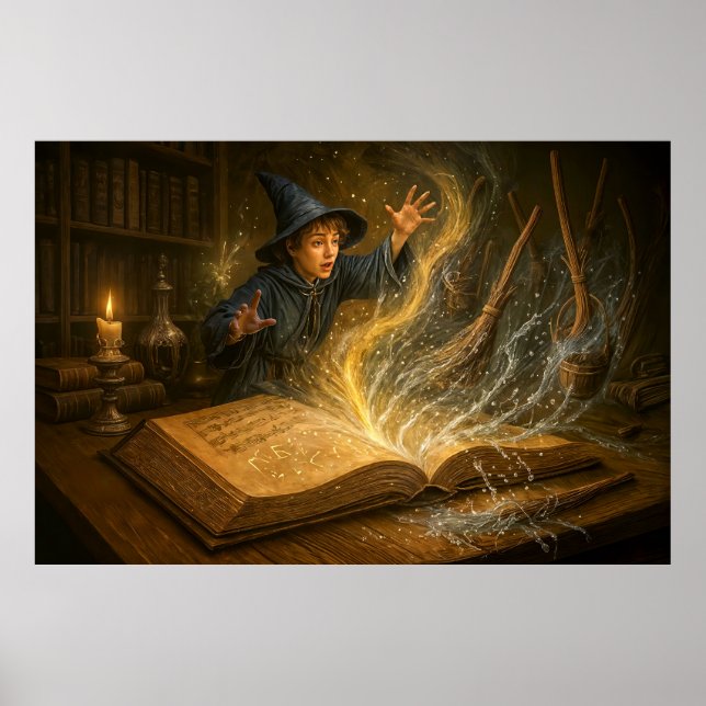 Póster Ilustración de fantasía de joven mago con libro (Frente)