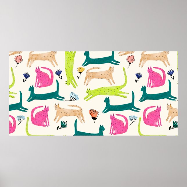 Póster Ilustración de flor abstracta estilo retro y gato (Frente)