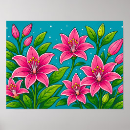 Póster Ilustración de flores de lirio rosadas con follaje
