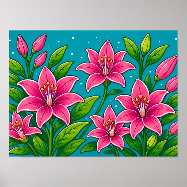 Póster Ilustración de flores de lirio rosadas con follaje (Frente)