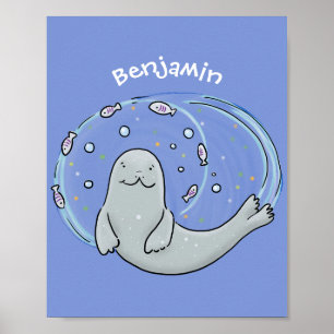 Póster Ilustracion de foca feliz y personalizado azul de 