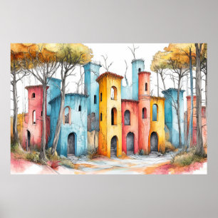 Póster Ilustracion de fortaleza de castillo Dibujo de col