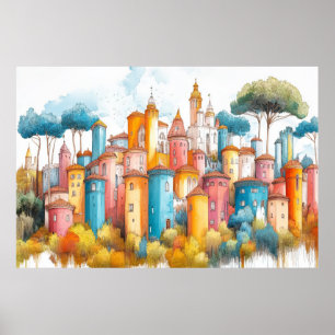 Póster Ilustracion de fortaleza de castillo Dibujo de col