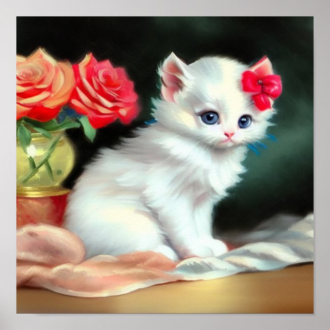 Póster Ilustracion de gatito blanco con flores rojas (Frente)