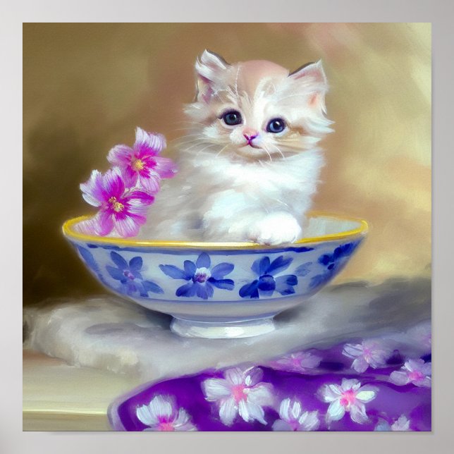 Póster Ilustracion de gatito blanco vintage (Frente)