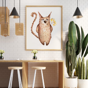 Póster Ilustracion de gatito de acuarela graciosa
