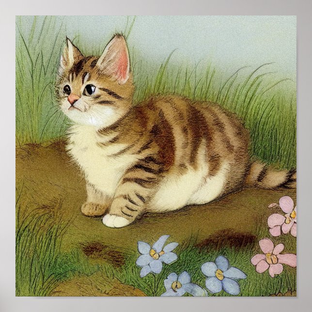 Póster Ilustracion de gatito vintage con flores (Frente)
