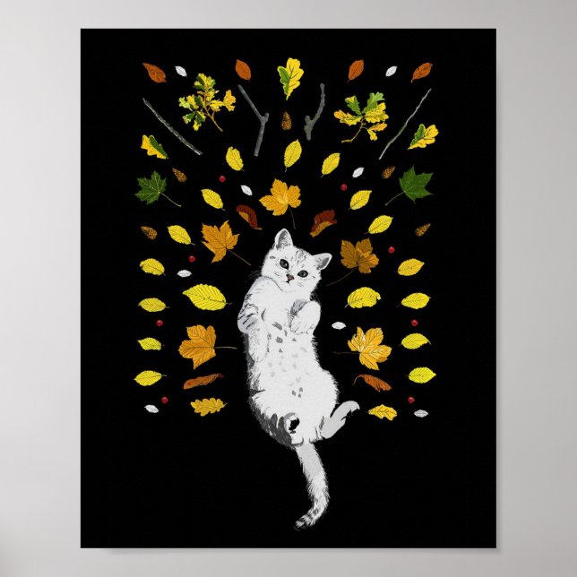 Póster Ilustracion de gato blanco con hojas caídas (Frente)