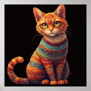 Póster Ilustración de gato con patrón lindo al estilo del