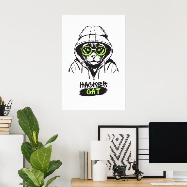 Póster Ilustración de gato hacker adorable – Regalo de ci (Oficina en casa)