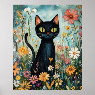 Póster Ilustración de gato negro caprichoso con flores si