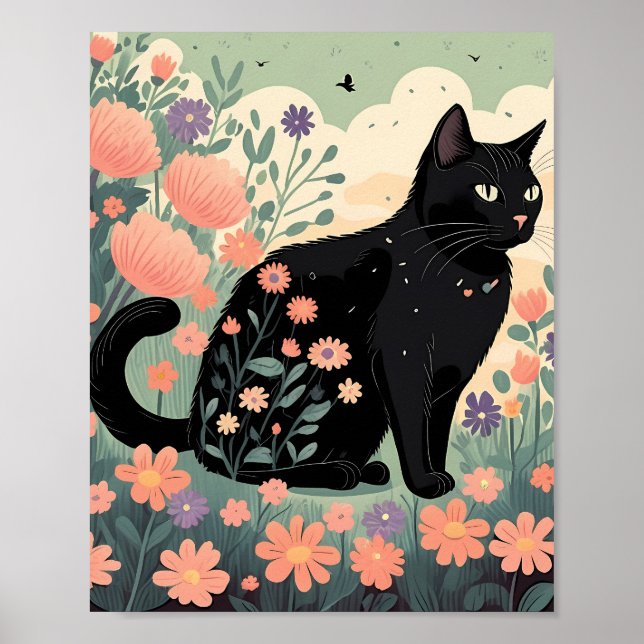 Póster Ilustracion de gato negro en un campo de flores (Frente)