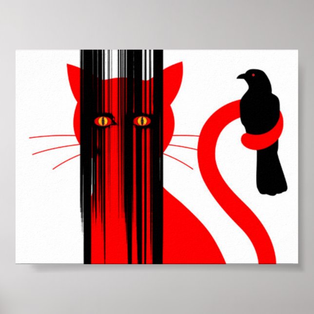 Póster Ilustracion de gato rojo y pájaro negro (Frente)