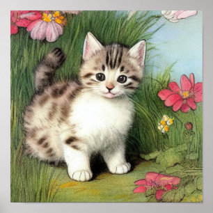 Póster Ilustracion de gato vintage con flores rojas