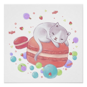 Póster Ilustracion de gatos y dulces